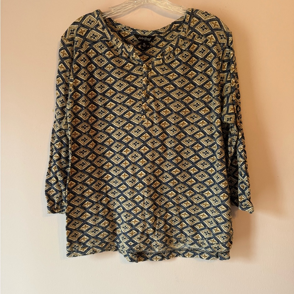 Lucky Brand Blue & Cream Geometric Blouse